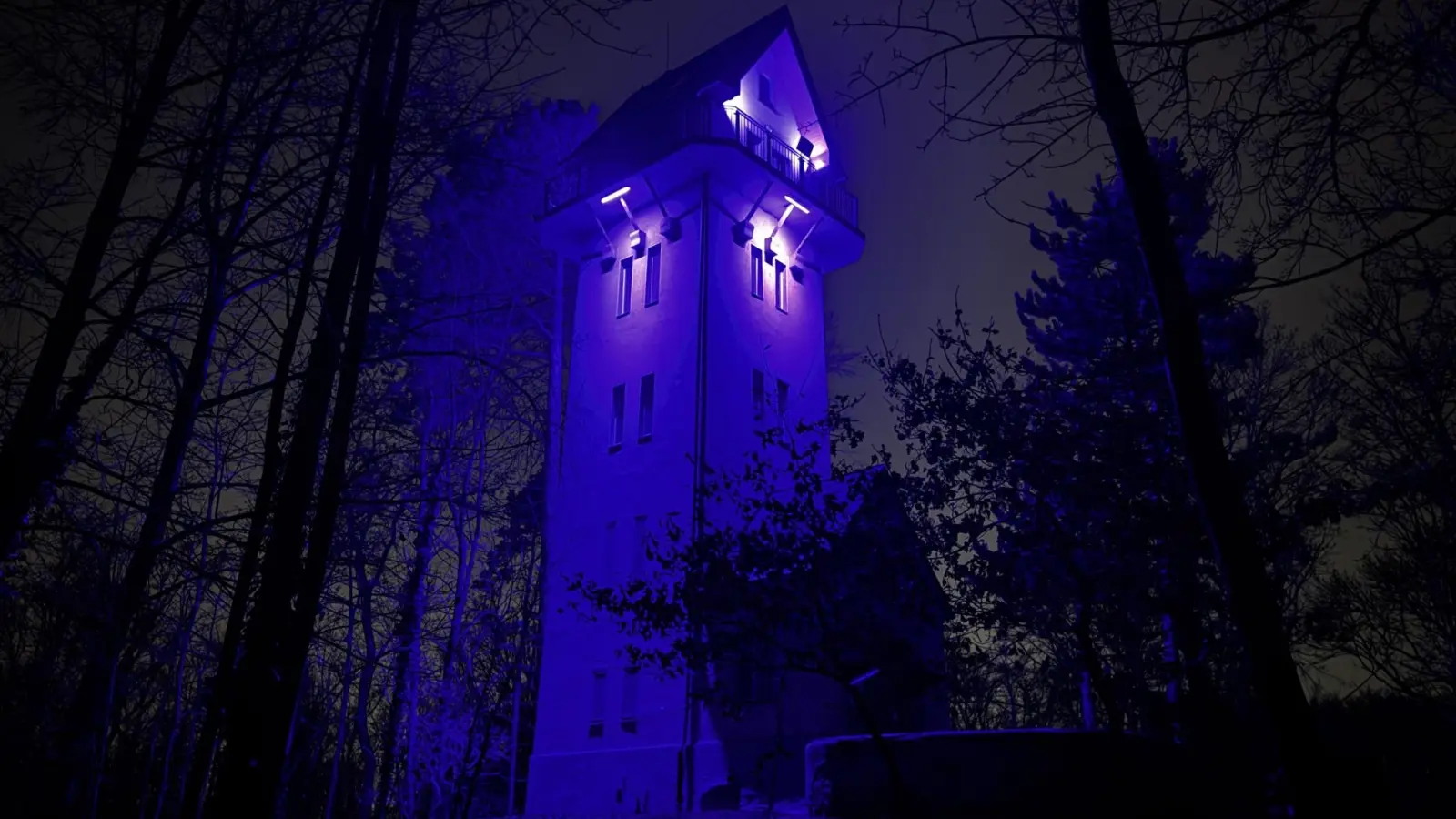 Im Rahmen einer Erprobungsphase wird der Aussichtsturm im Stadtpark aktuell stundenweise lila angeleuchtet. (Foto: Daniel Große)