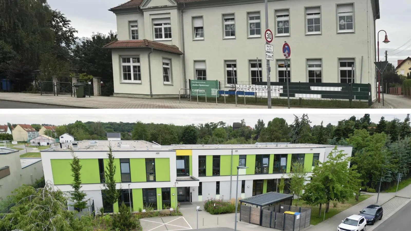 Die Kita Dewitzer Spatzennest (oben) soll im Januar 2026 in das Gebäude der Kita Kükennest (unten) ziehen. Das Haus soll künftig Kita Spatzennest heißen und von der Volkssolidarität geleitet werden. (Foto: Daniel Große)