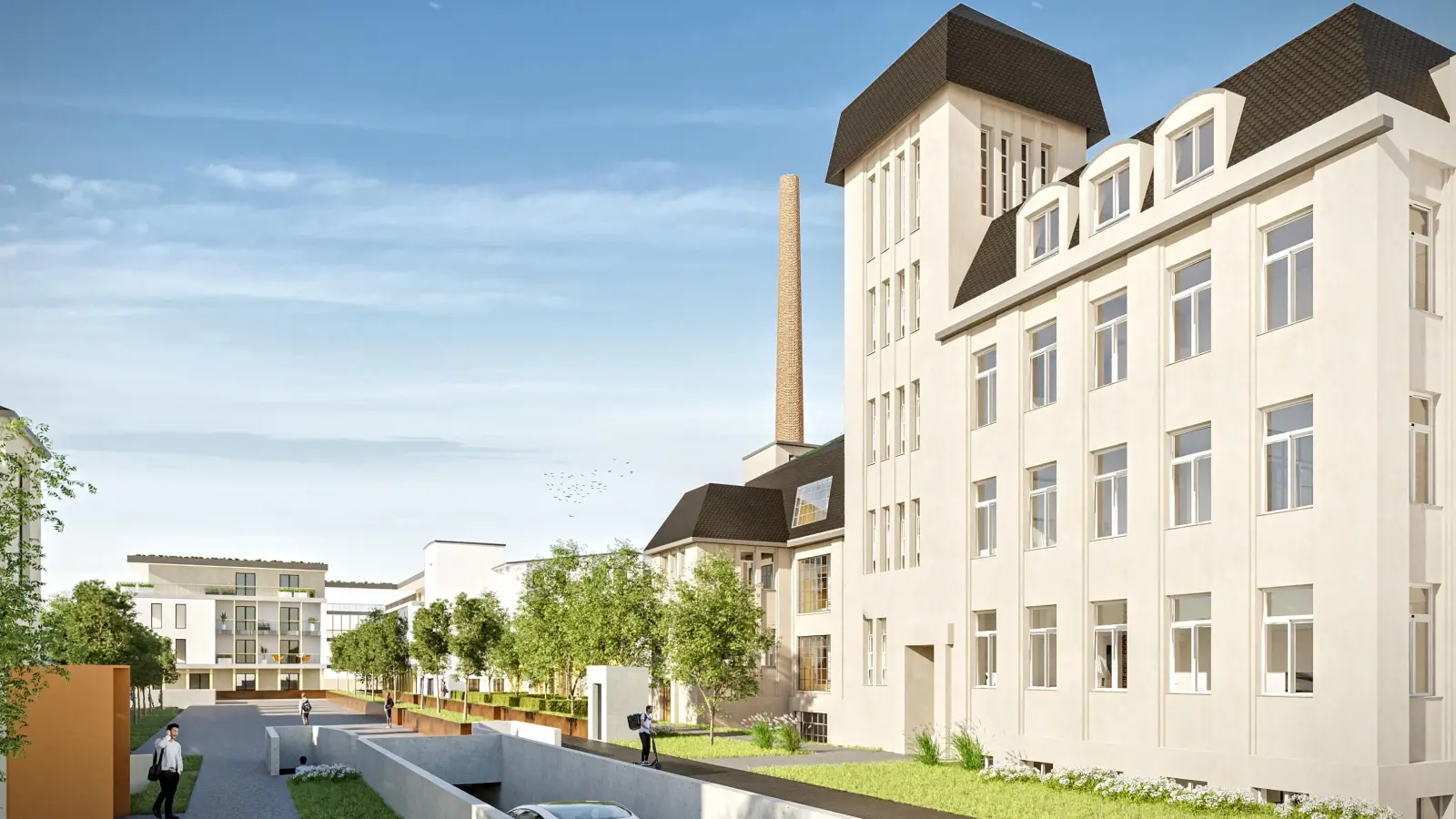 So soll das Turmhaus im sanierten Zustand aussehen. Zu sehen ist ebenso die Zufahrt zur geplanten Tiefgarage, die als teiloffener „Parkgraben” entstehen soll. (Foto: Heidelberg Family Office)