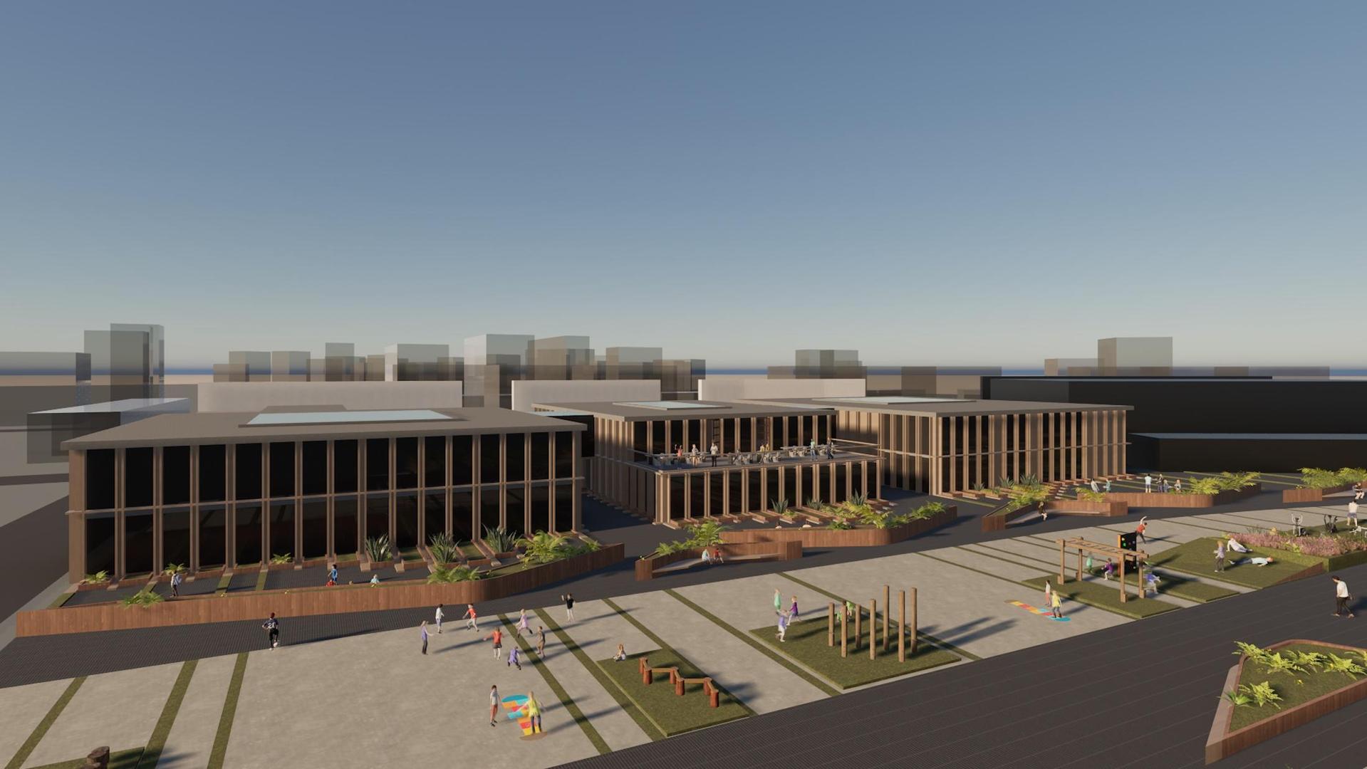 Entwurf des geplanten Außenbereichs der Schule mit den drei zu bauenden Gebäuden (Foto: Marco Stelzel )