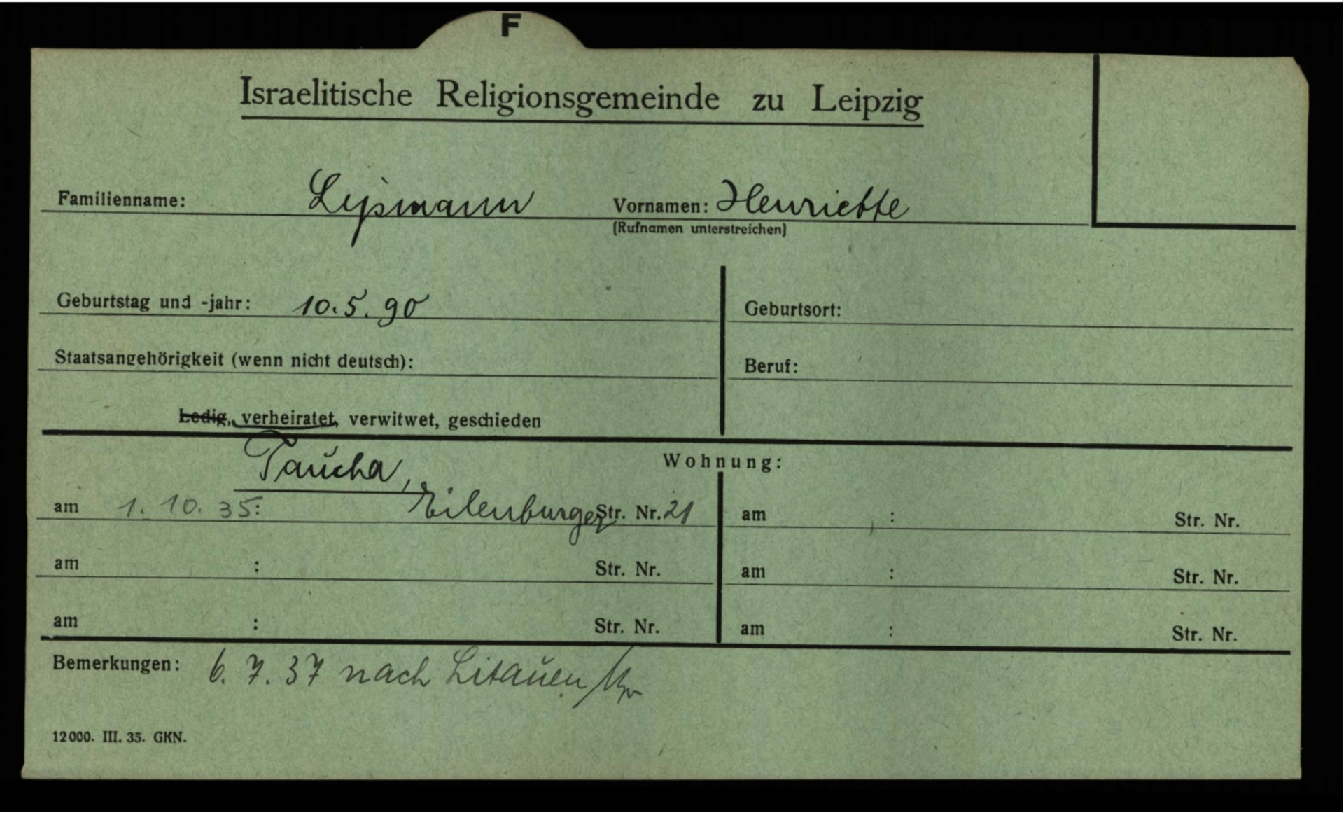 Die Mitgliedskarte der Israelitischen Gemeinde Leipzig von Henriette Lipmann mit Angabe des Wohnorts in Taucha. (Foto: Arolsen Archives, DocID:129826310)