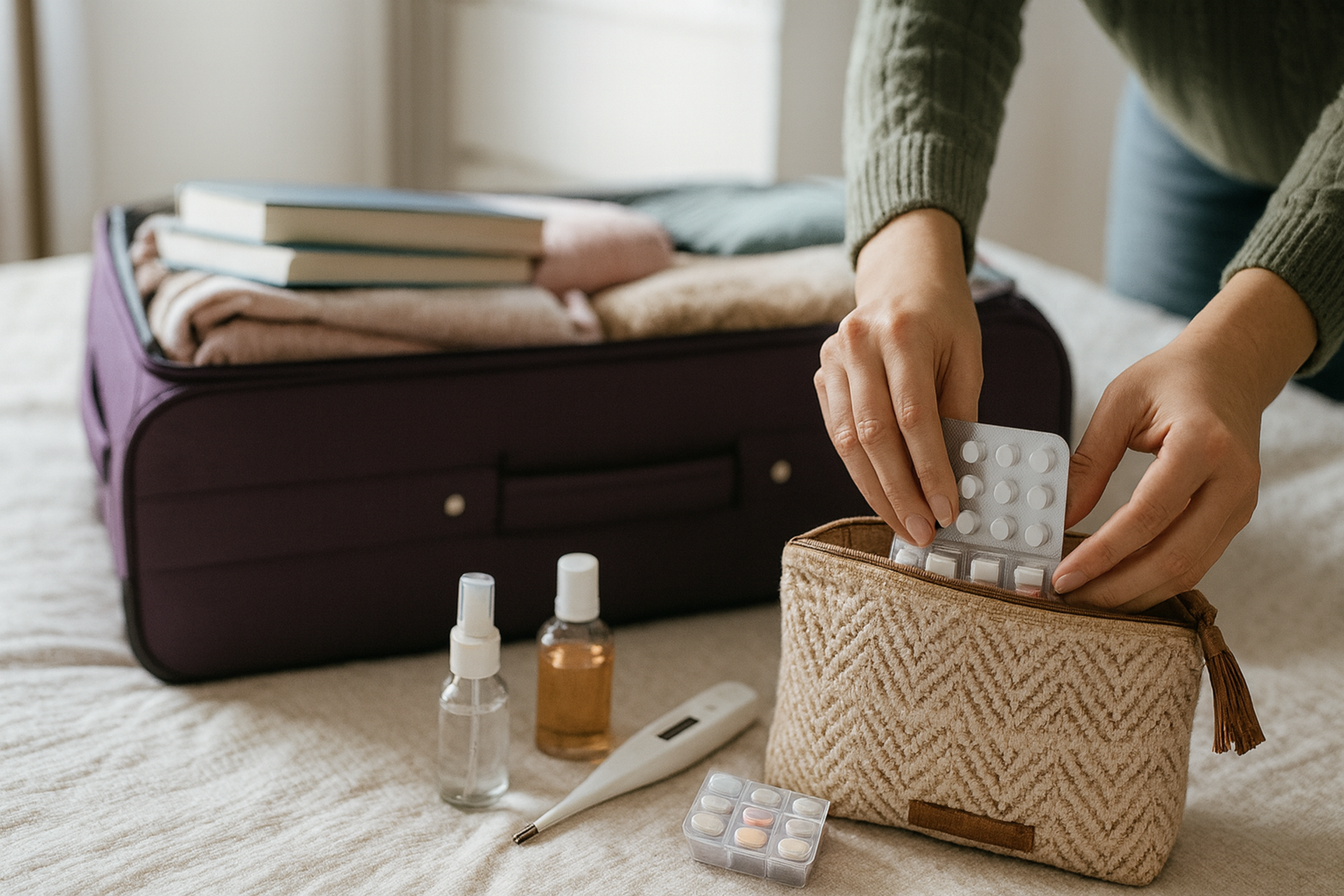 Die Reiseapotheke gehört ins Handgepäck, vor allem wenn sie Medikamente enthält, die schnell gebraucht werden. (Foto: Servicethemen (KI-generiert))