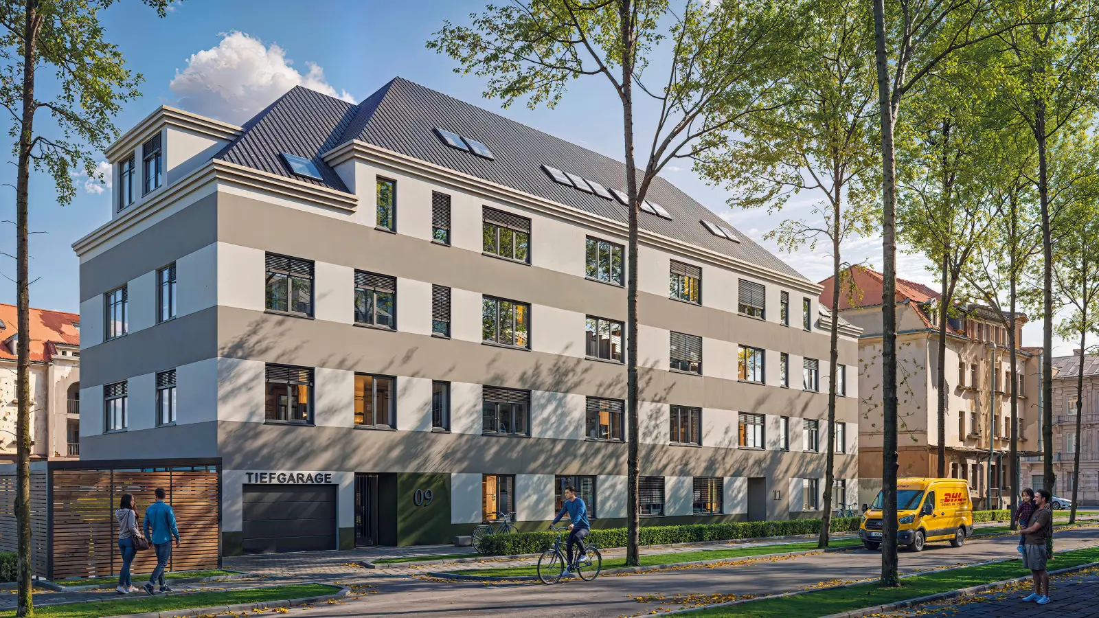 An der Heinrich-Heine-Straße entsteht dieses neue Wohnhaus für 15 Familien. (Foto: Gruenfeldt Projektentwicklung GmbH)