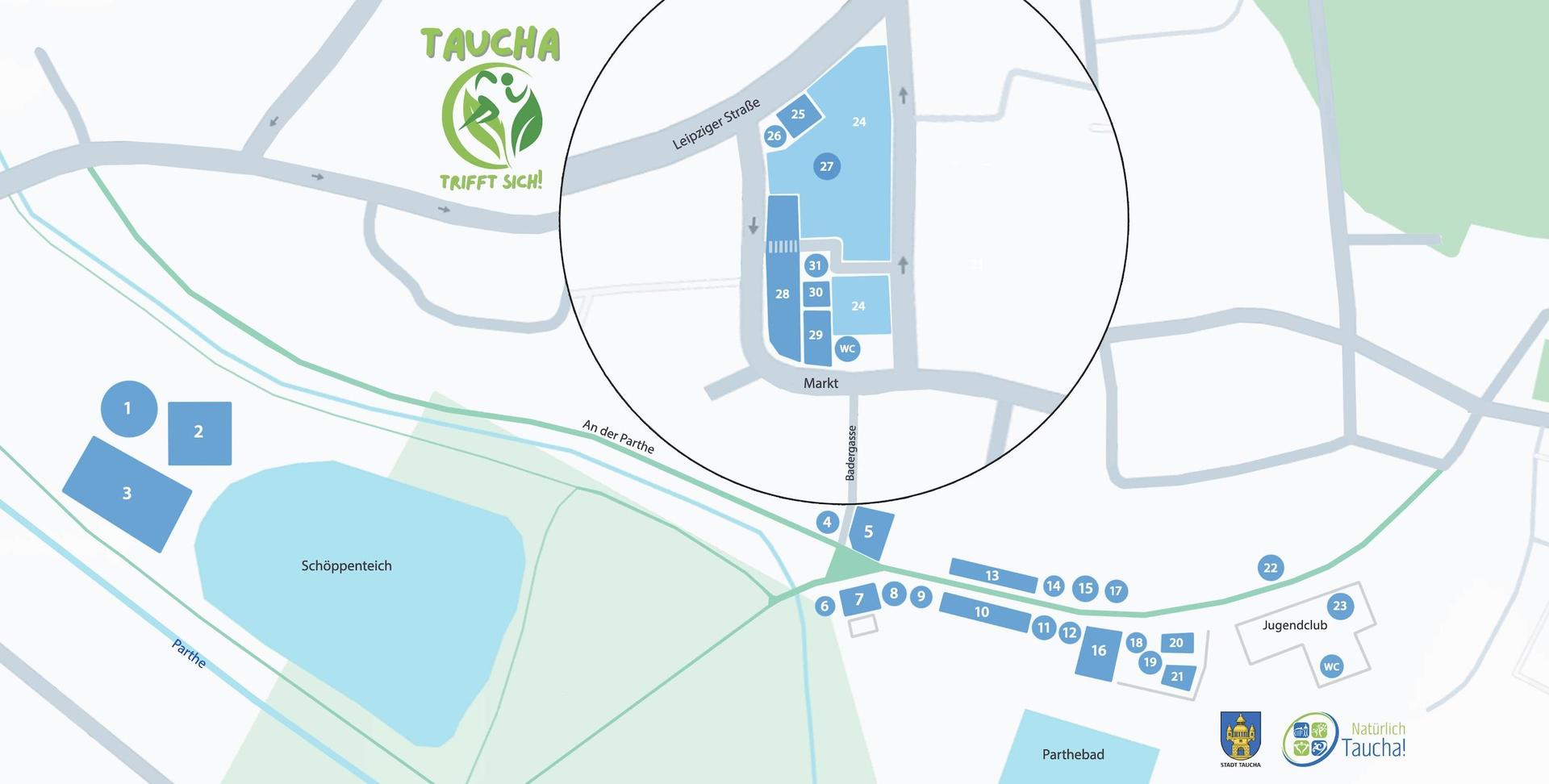 Markt, großer Schöppenteich sowie der Weg An der Parthe - hier findet „Taucha trifft sich” überall statt. (Foto: AC Taucha)