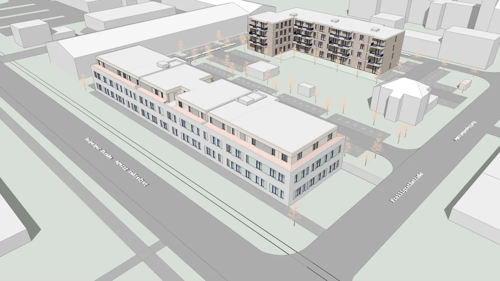 3D-Ansicht des künftigen gesamten Gebäudeensembles. Im hinteren Teil soll ein Gebäude für so genanntes „Service-Wohnen”, also unter anderem Betreutes Wohnen, entstehen.  (Foto: Sikan Projektentwicklung)